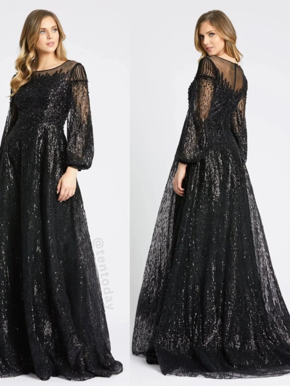 Mac Duggal Size 8 Black Jeweled Long Sleeve A-Line Maxi Ballgown Gown Maxi Dress